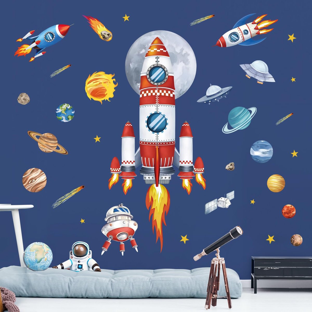 decalmile Ruimte Grote Raketten Muurstickers Planeten Sterren Zonnestelsel Muurstickers Baby Kwekerij Jongens Slaapkamer Speelkamer Muurdecoratie