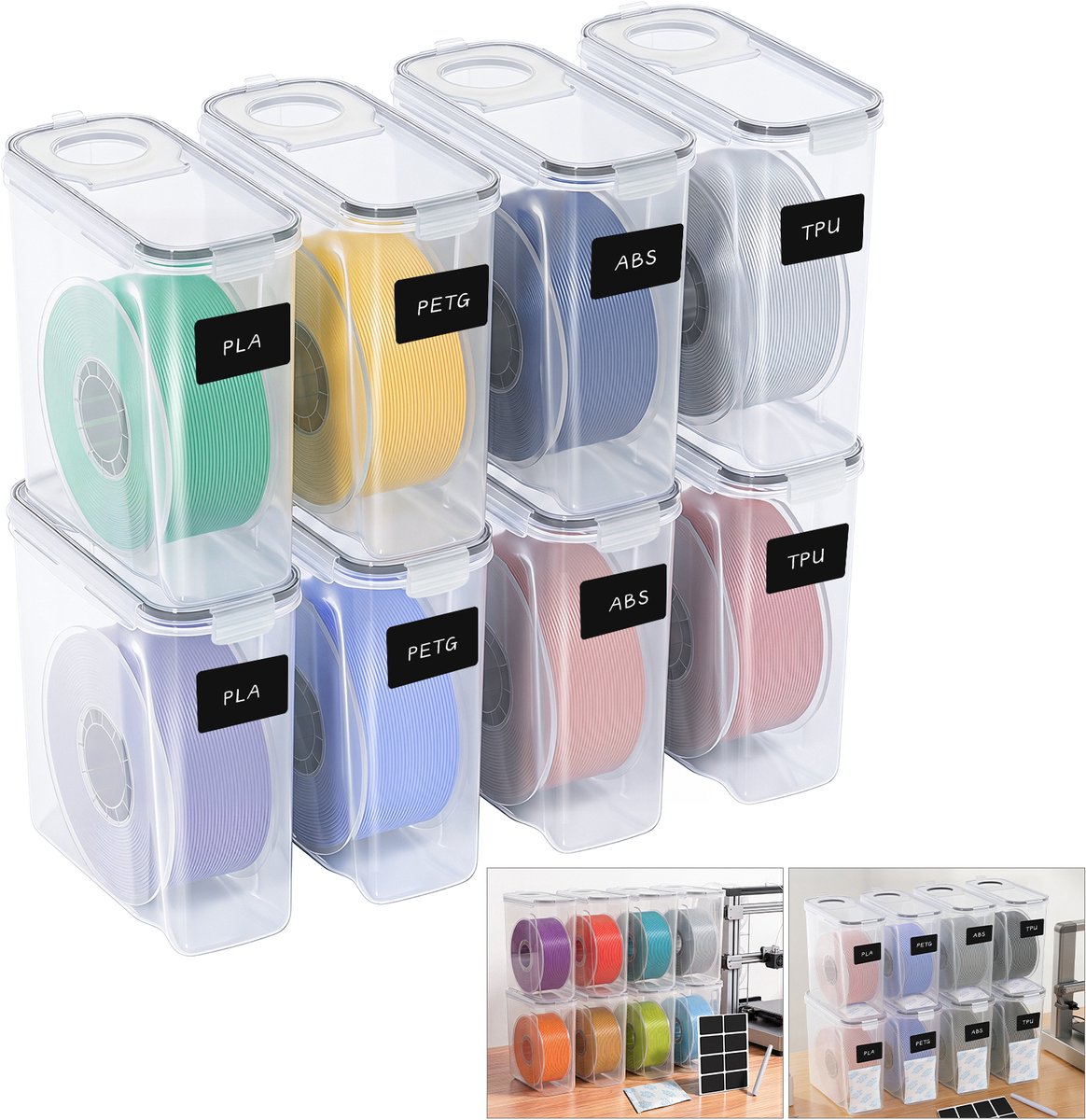 Filament droogbox 4L voor 3D printmateriaal - set van 8 - PP met siliconen afdichting