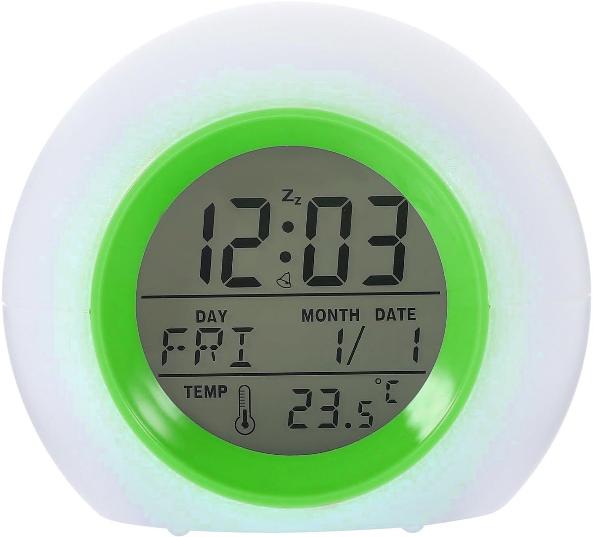 Ronde Wekker met Achtergrondverlichting – LED Display met Tijd, Datum en Temperatuur – 7 Kleuren – Groen