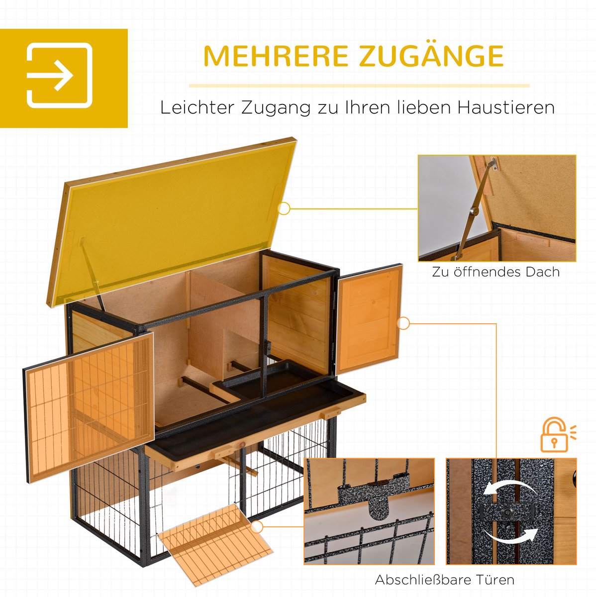 Wishdor - Kleintierstall - 2-in-1 met uitloopren en afsluitbare deur - houten en metalen konijnenhok in landelijke stijl - voor binnen en buiten - lichtgeel - 89,5 x 45 x 81 cm