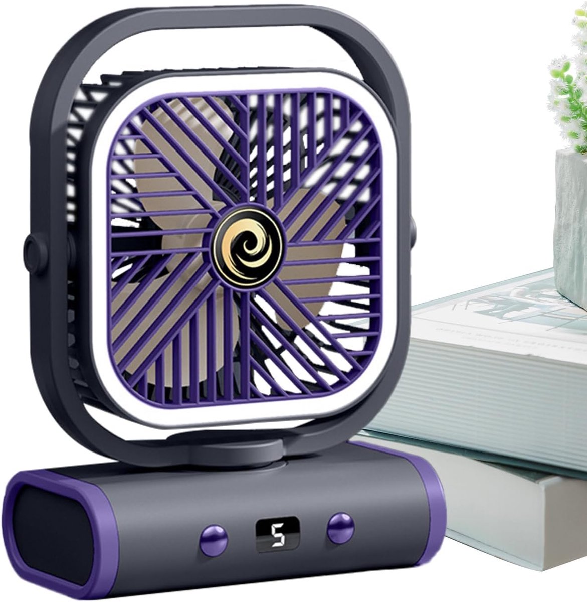 Draadloze Bureauventilator - Oplaadbare Plafondventilator met Nachtlamp - 2400mAh Accu - 5 Snelheden en Oscillatie - Stille Ventilator voor Slaapkamer en Kantoor