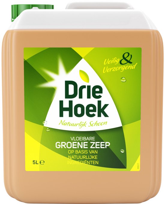 Lichtbruine jerrycan van 5 liter met label "Driehoek Natuurlijk Schoon" in groen en geel.