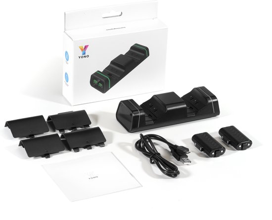 Zwart YONO laadstation voor controllers, met 2 batterijen, 4 klepjes, USB-kabel en handleiding.