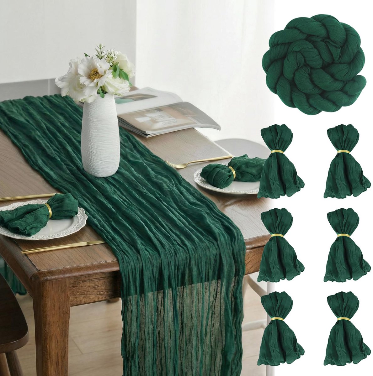 Tafelloper, kaasdoek, tafelloper, donkergroen, rustieke gaasstof, modern, 400 x 90 cm, loper, tafel voor boho, bruiloft, feest, keuken, 6 stuks stoffen servetten, 6 stuks servetringen