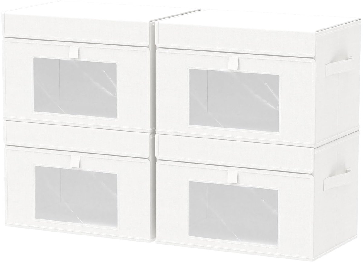 opbergdozen met deksel, opvouwbaar, met handgrepen, met transparant venster, set van 4, wit, 38 x 25 x 25 cm