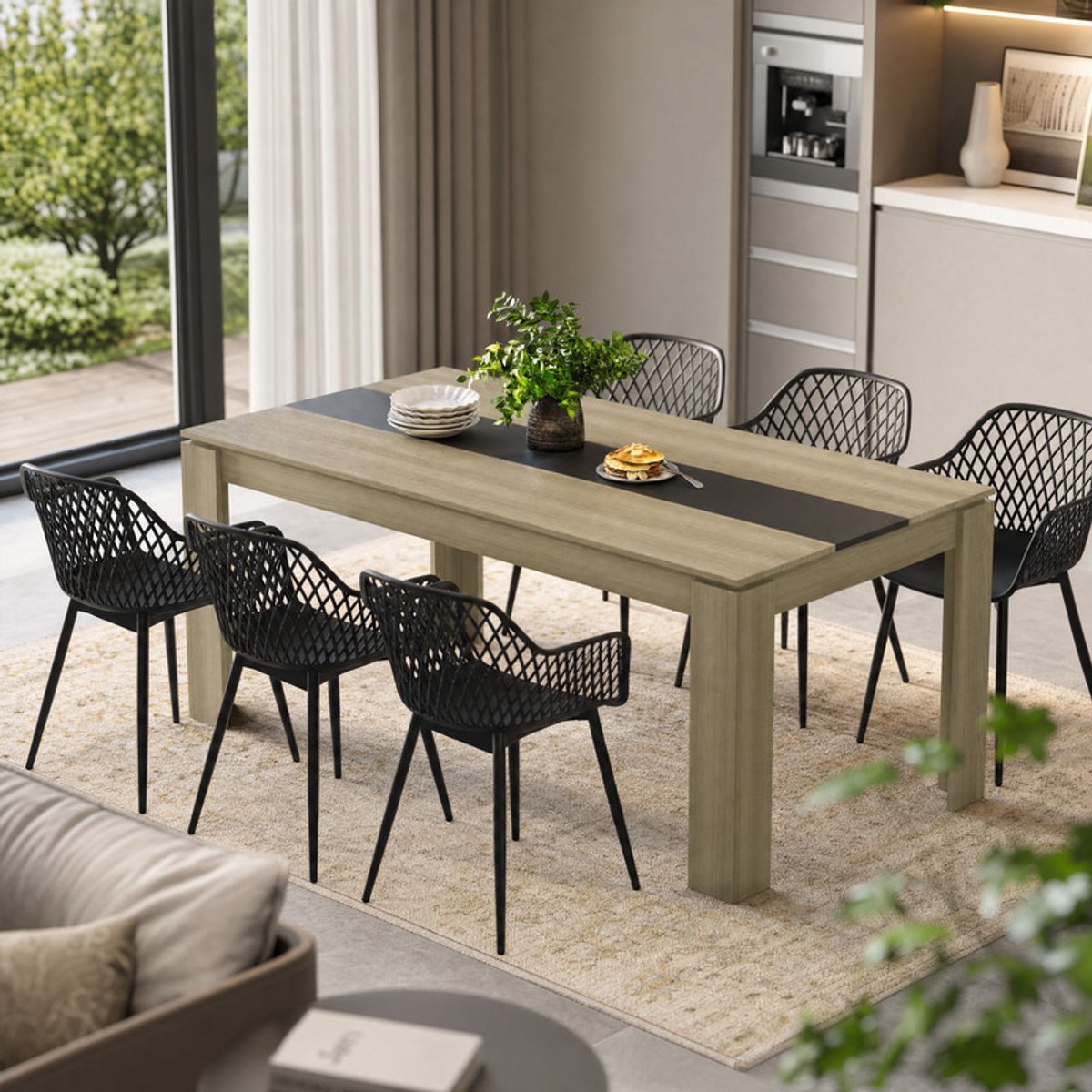 EGGREE 6-delige eetkamerset - tafel- en stoelenset voor 6 personen - inclusief stoelen met armleuningen - geschikt voor keuken - eetkamer of woonkamer (tafel van 160 x 80 x 75 cm + 6 Zwarte eetkamerstoelen)