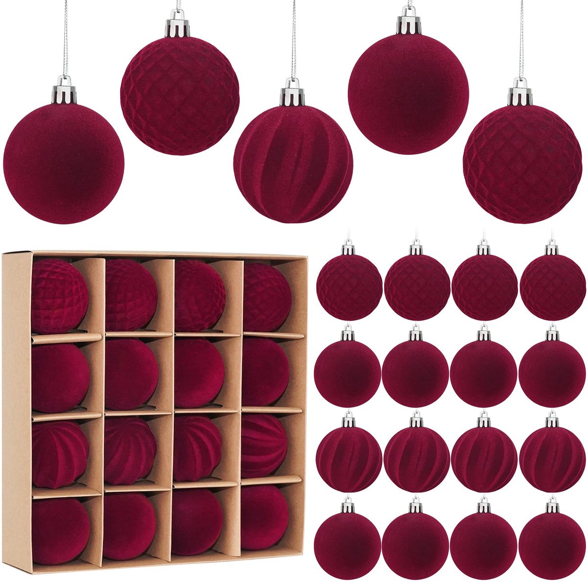 16-delige set fluwelen kerstbal ornamenten vooraf gebonden, breukbestendig, besneeuwde kerstballen decoratie, kerstfeest, vakantie, feestdecoratie (Rood, 6 cm)