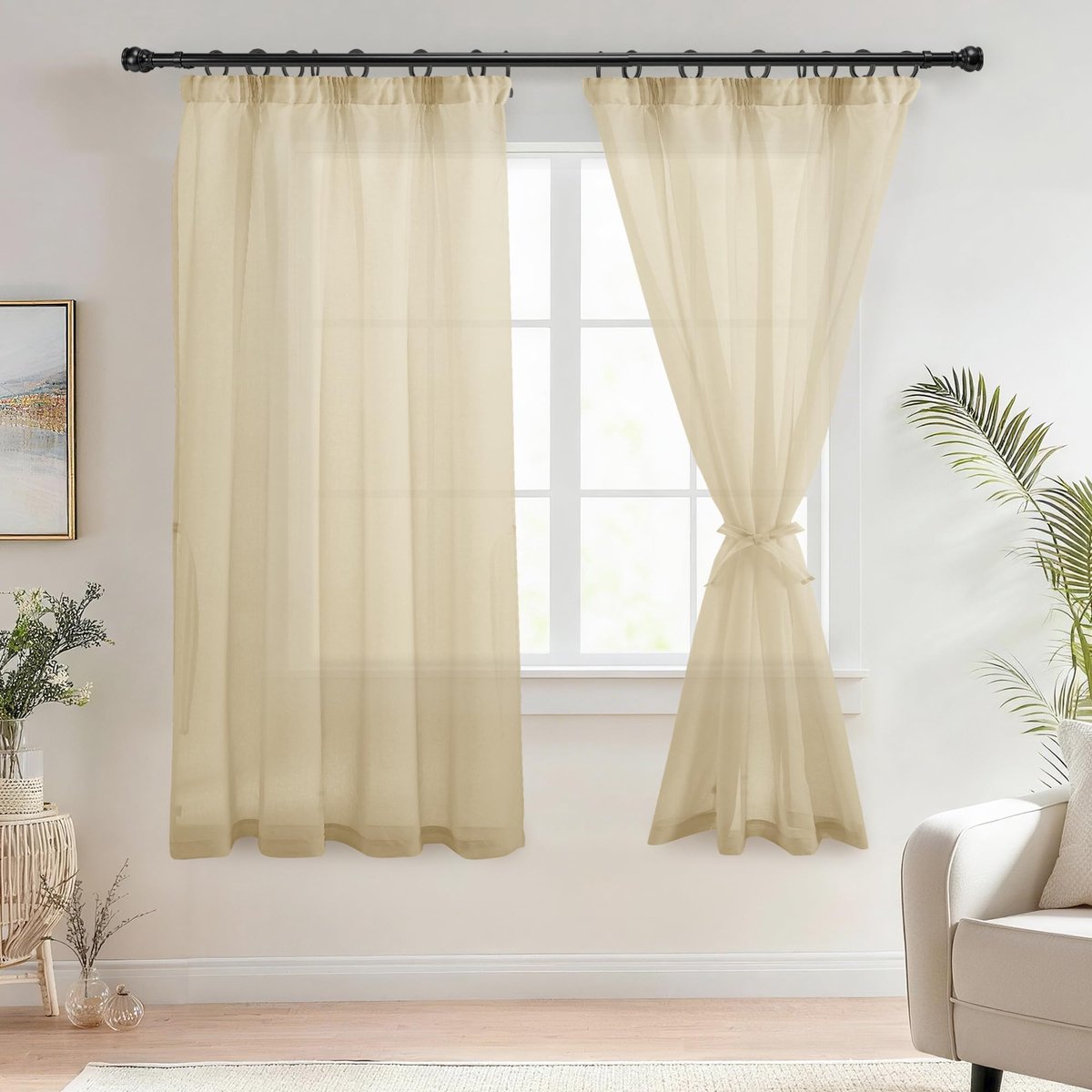 Voile gordijnen met plooiband, linnenlook, 2 stuks, halftransparant, gordijnen voor woonkamer, doorzichtige gordijnen, beige, 175 x 140 cm (hoogte x breedte)