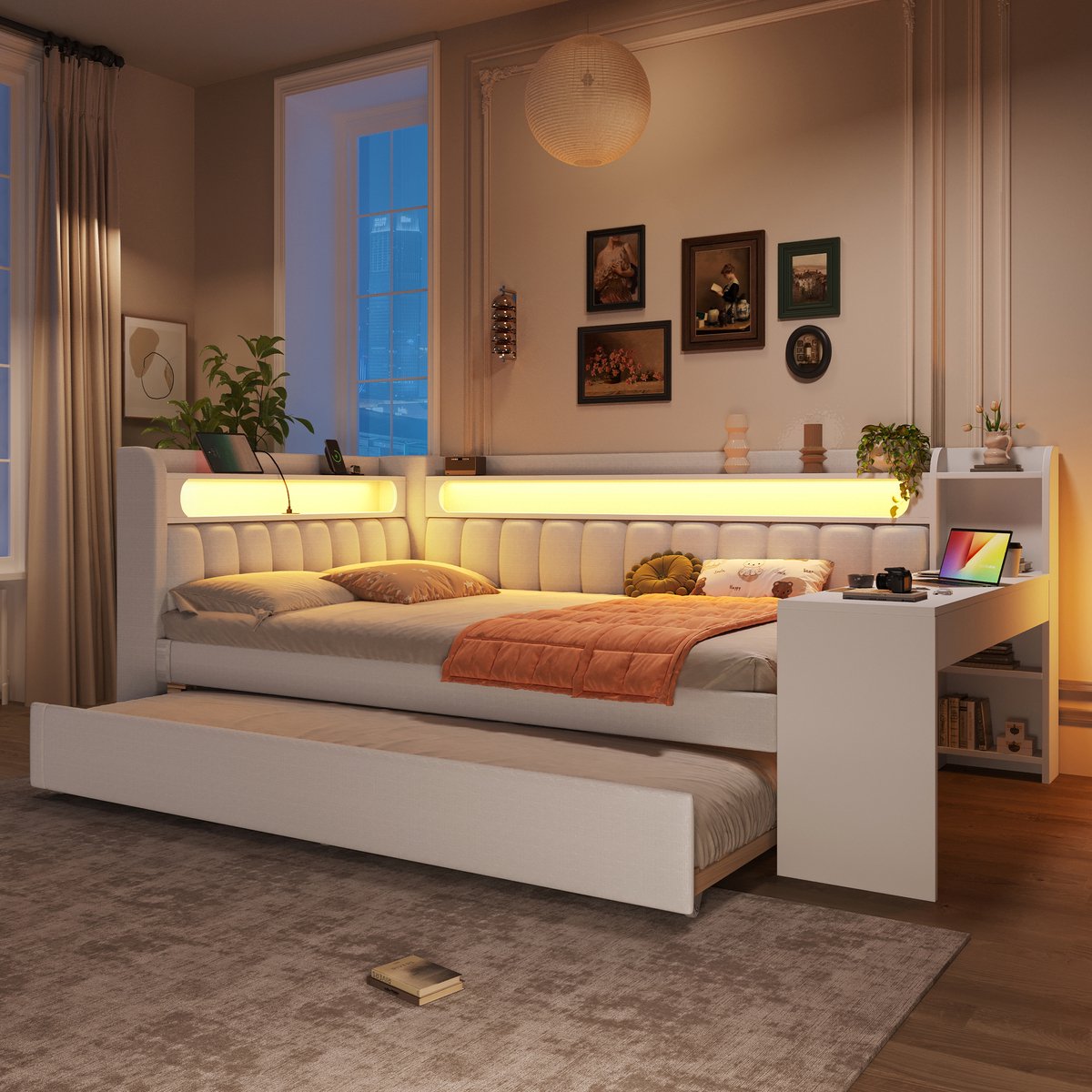 Slaapbank 140x200 cm - Gestoffeerd bed 140x200 cm - Tweepersoonsbed 140x200 cm - Met LED verlichting - USB aansluiting - lade - Wit