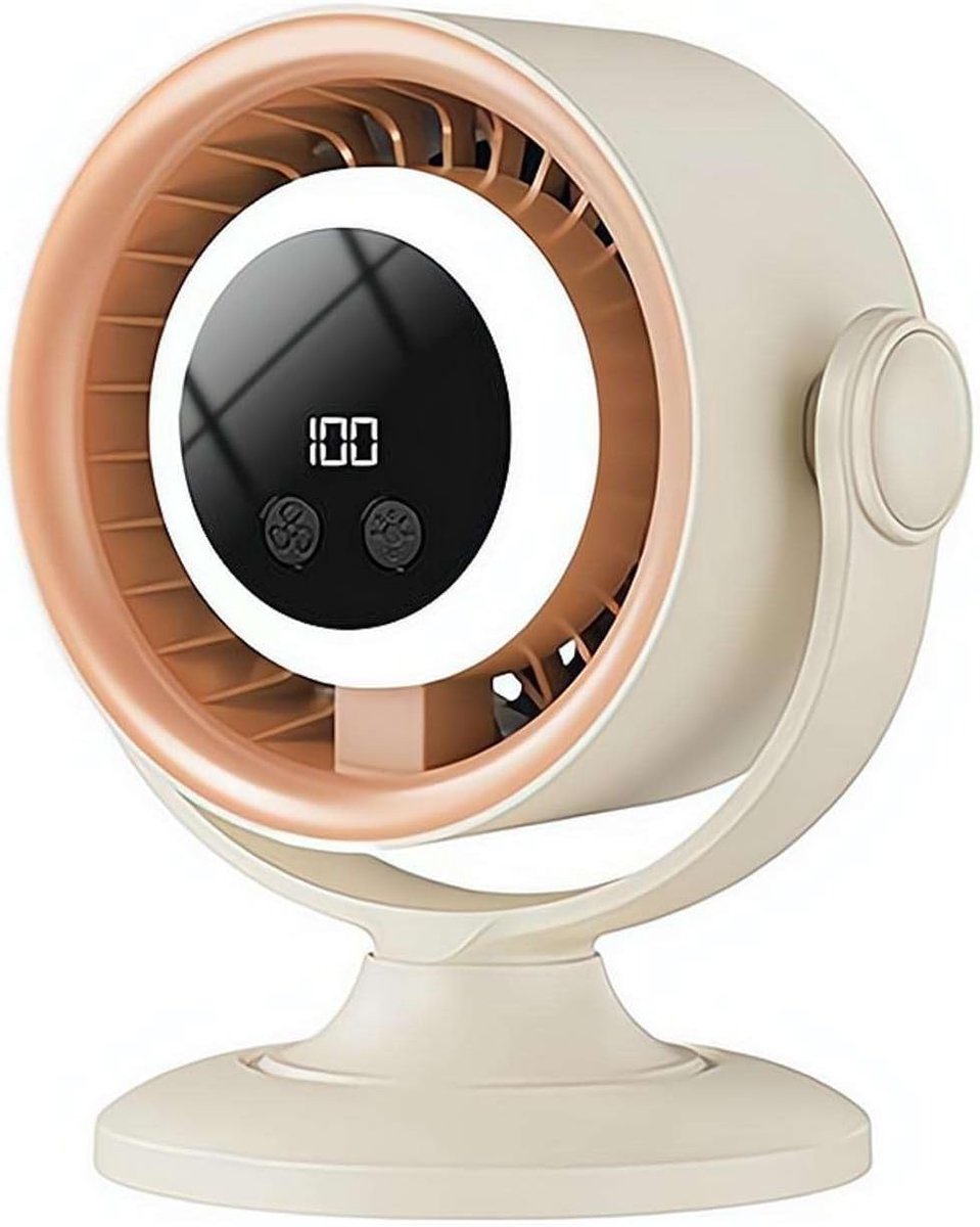 100 Snelheden Bureauventilator - Digitaal Scherm - Traploos Verstelbare Oplaadbare Ventilator - Stil Koelapparaat - voor Huis en Kantoor - Beige