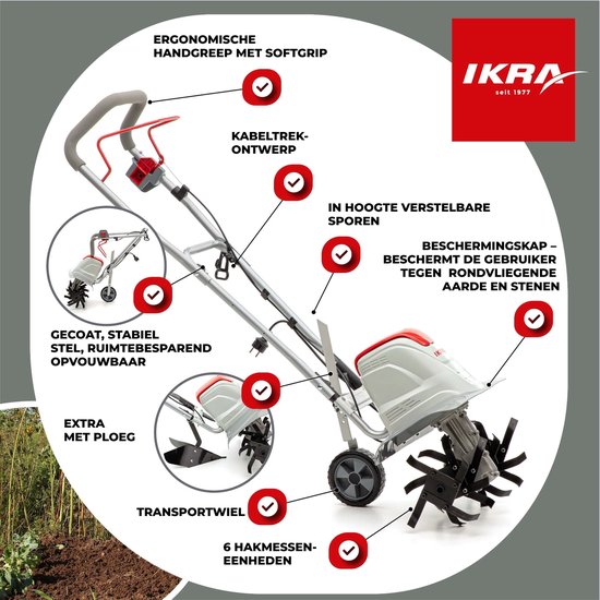 IKRA elektrische tuinfrees FEM 1500, 1.500 W, werkbreedte van 17 tot 45 cm en werkdiepte tot 23 cm, met aanaardploeg — afbeelding 2