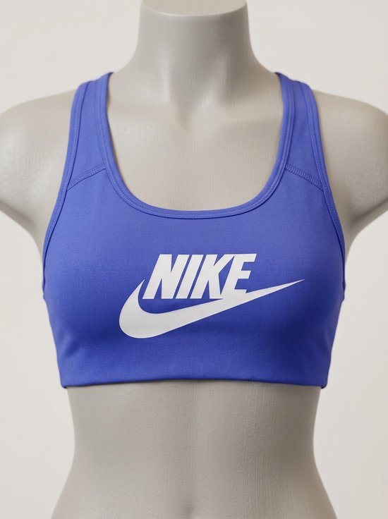 Blauwe Nike sportbeha met wit Nike logo op de voorkant.