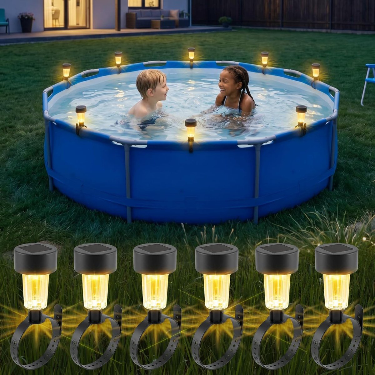 SnelShoppen - Solar Pool Lichten Set van 6 - Warm Witte LED Verlichting voor Boven Grond Zwembad - Waterdicht met Twilight Sensor - IP44, 3000K, 6-8 U