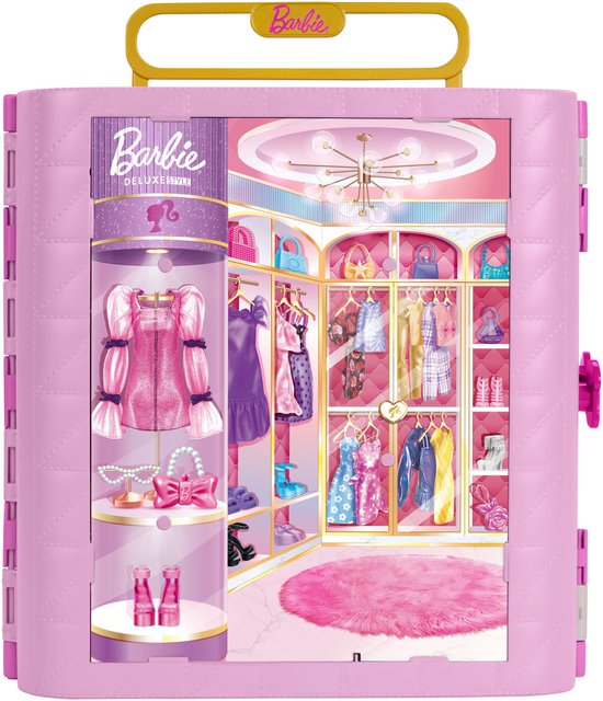Barbie kledingkast met Spin & Style functie - Kaptafel, Poef, 4 Outfits, meer dan 20 Onderdelen en Draagbare Opbergruimte — afbeelding 2