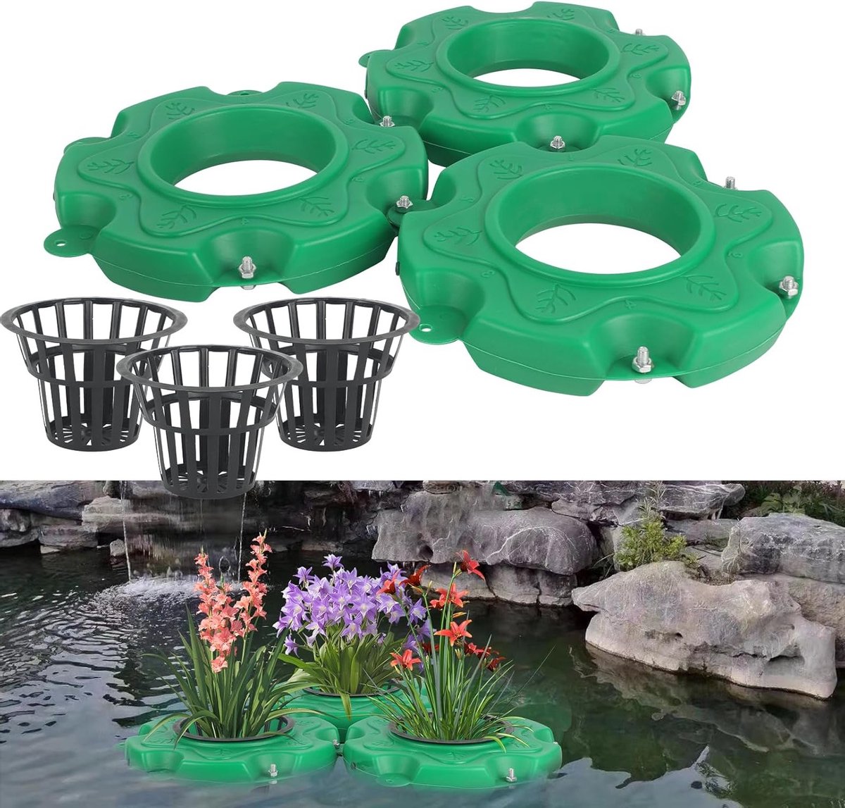 Drijvende Tuinplatform voor Vijvers, Waterplanten en Visbescherming - Rond Model met 3 Mandjes voor Vijvers en Waterpartijen