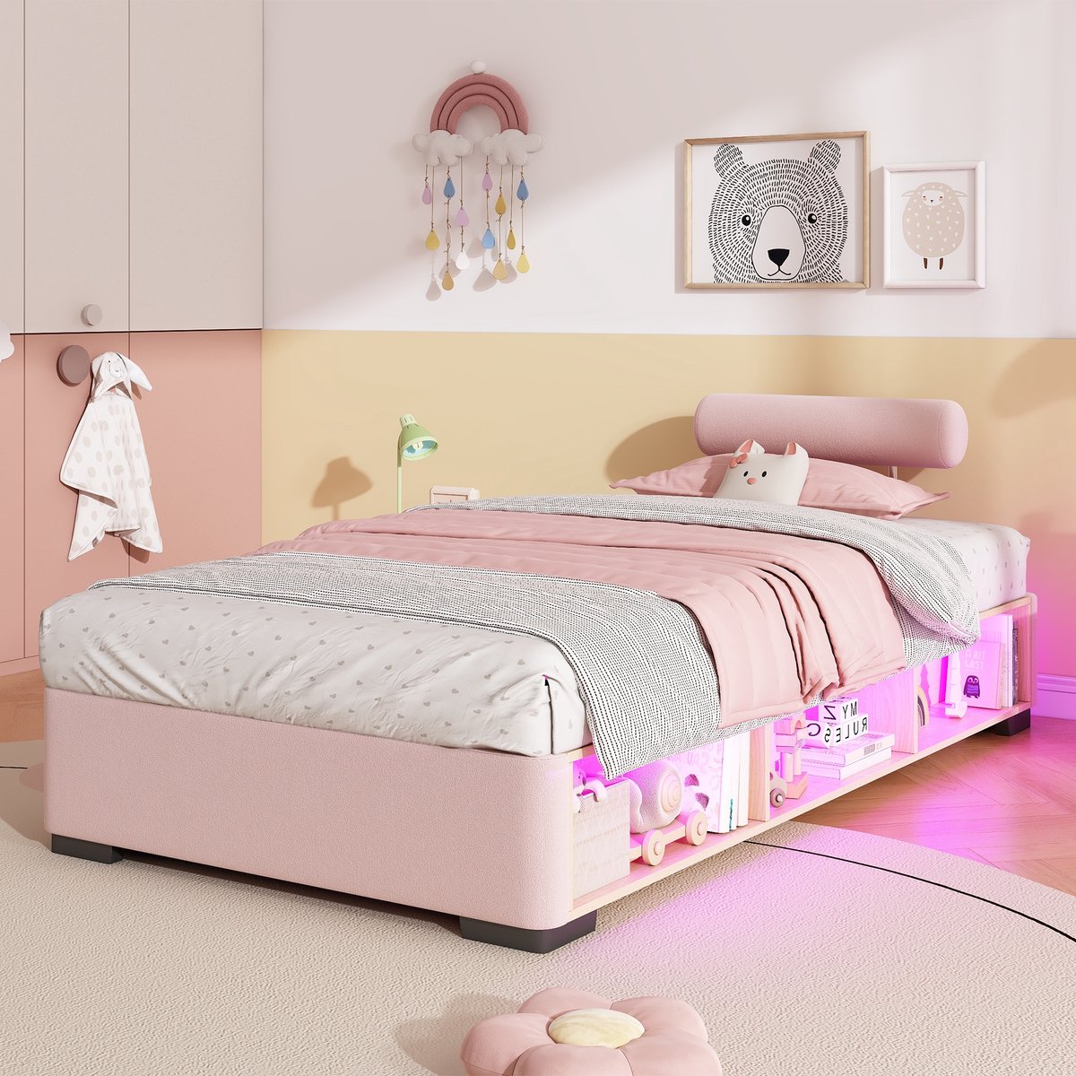 PHOEBE CAT Kinderbed - 90 x 200 cm - LED-verlichting - Opbergrek - Verstelbaar hoofdeinde - Roze