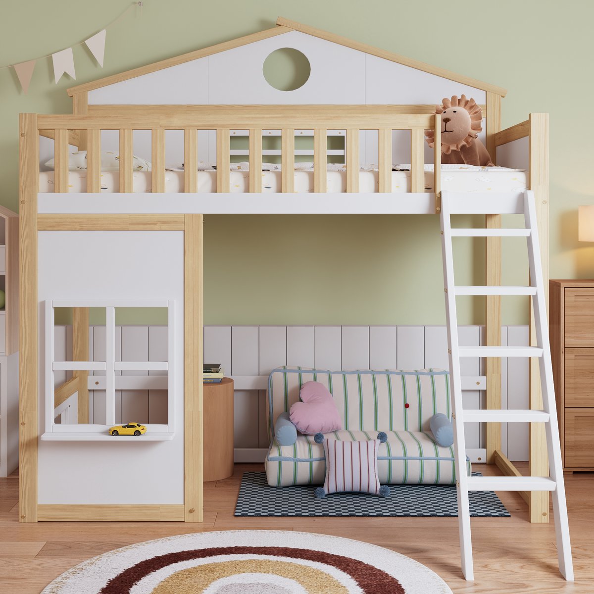 KOMHTOM Etagenbett mit Treppe, Hausbett-Design mit Dach und Fenster, Kinderbett Kiefer+MDF Weiß/Natur, 90x200cm