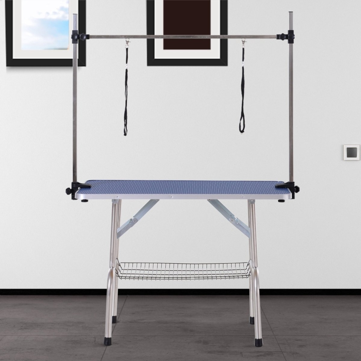 MIVRAY Trimtafel – Verstelbare Hoogte 107 x 60 x 170 cm – Staal – Blauw – Voor Hond en Kat – Antislip Oppervlak met Onderkorf