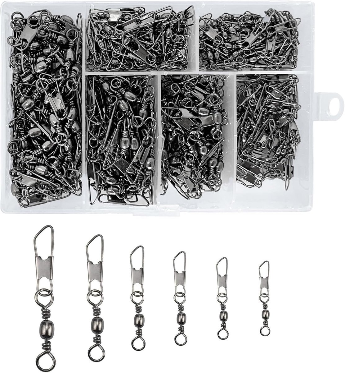 SnelShoppen - 300pcs Vis Hengel Accessoires Set, Vertebra met Kogellager, Swirl Karabijnhaak en Sorteringsdoos, 6 Maten 5# 7# 8# 10# 12# 14# voor Viss