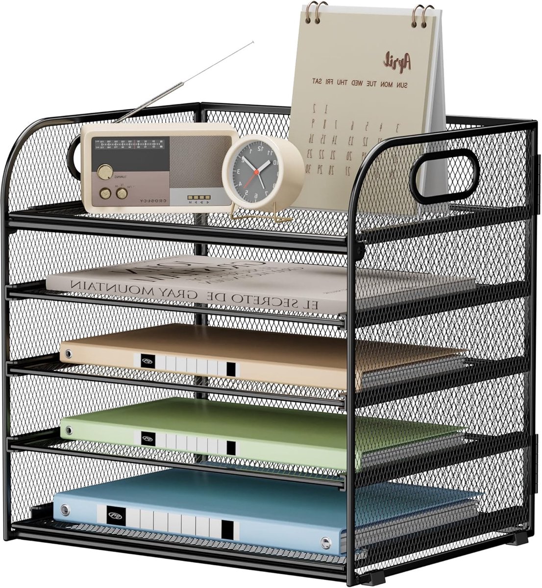 SnelShoppen - Desk Organiser met 5 Laags Letterbak, Stapelbare Documenthouders, Met Handvat, Voor A4 Documenten, Papier, Boeken, Tijdschriften, Zwart