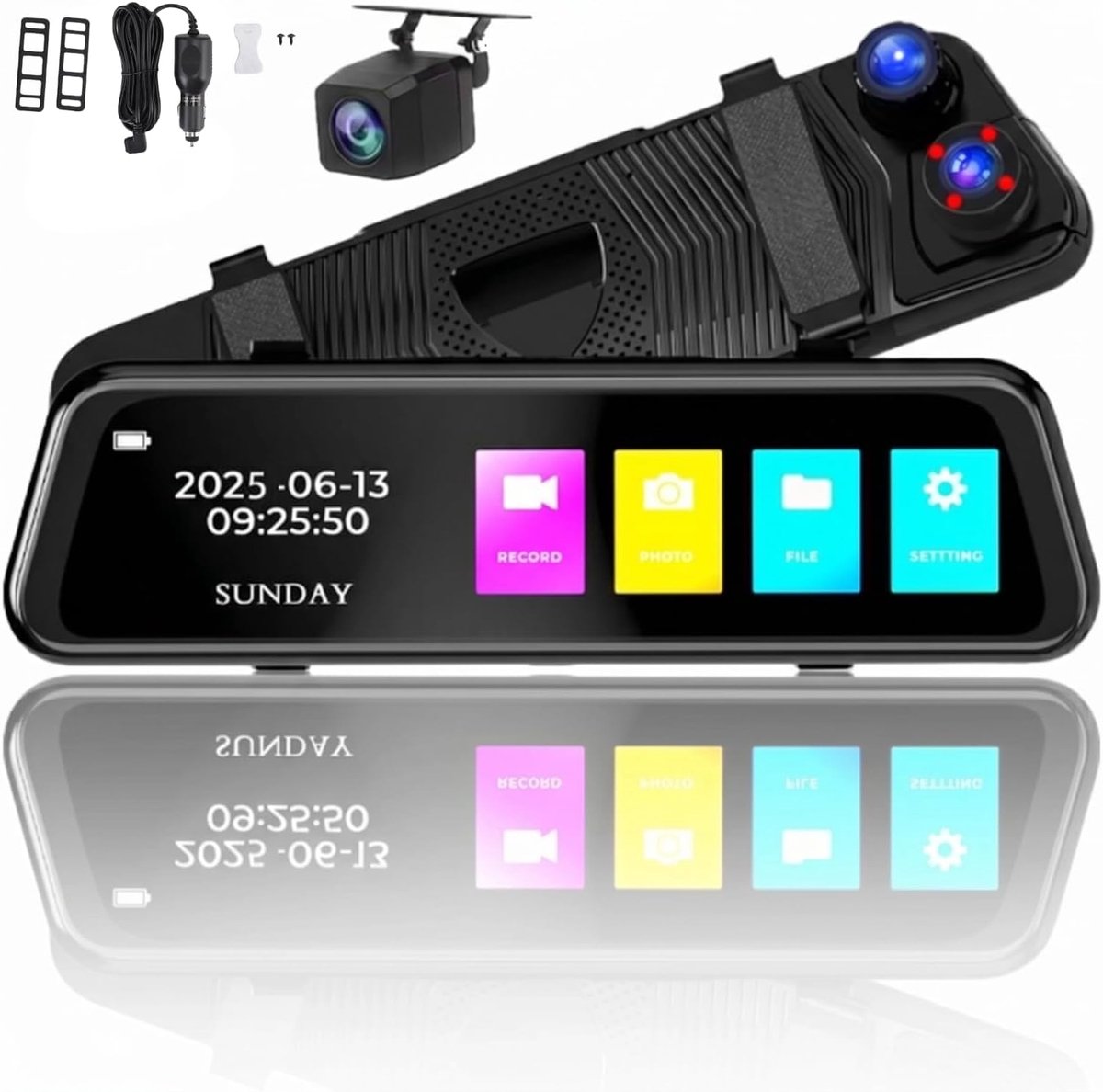 SnelShoppen - 9,66 Inch 4K Achteruitkijkspiegel Dashcam, Echte 4K HD Camera voor en Achter, 170° Groothoek, Touchscreen, Waterdicht voor Veiliger Park