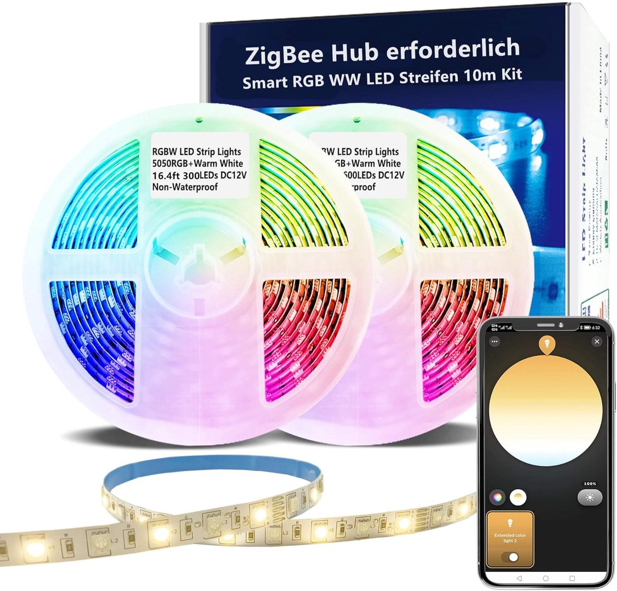 SnelShoppen - ZigBee RGBW LED Strip Set 10m - Slimme Dimbare Controller - Geschikt voor Alexa & Tuya - Mood Light Warm Wit & Kleuren - Perfect voor Fe