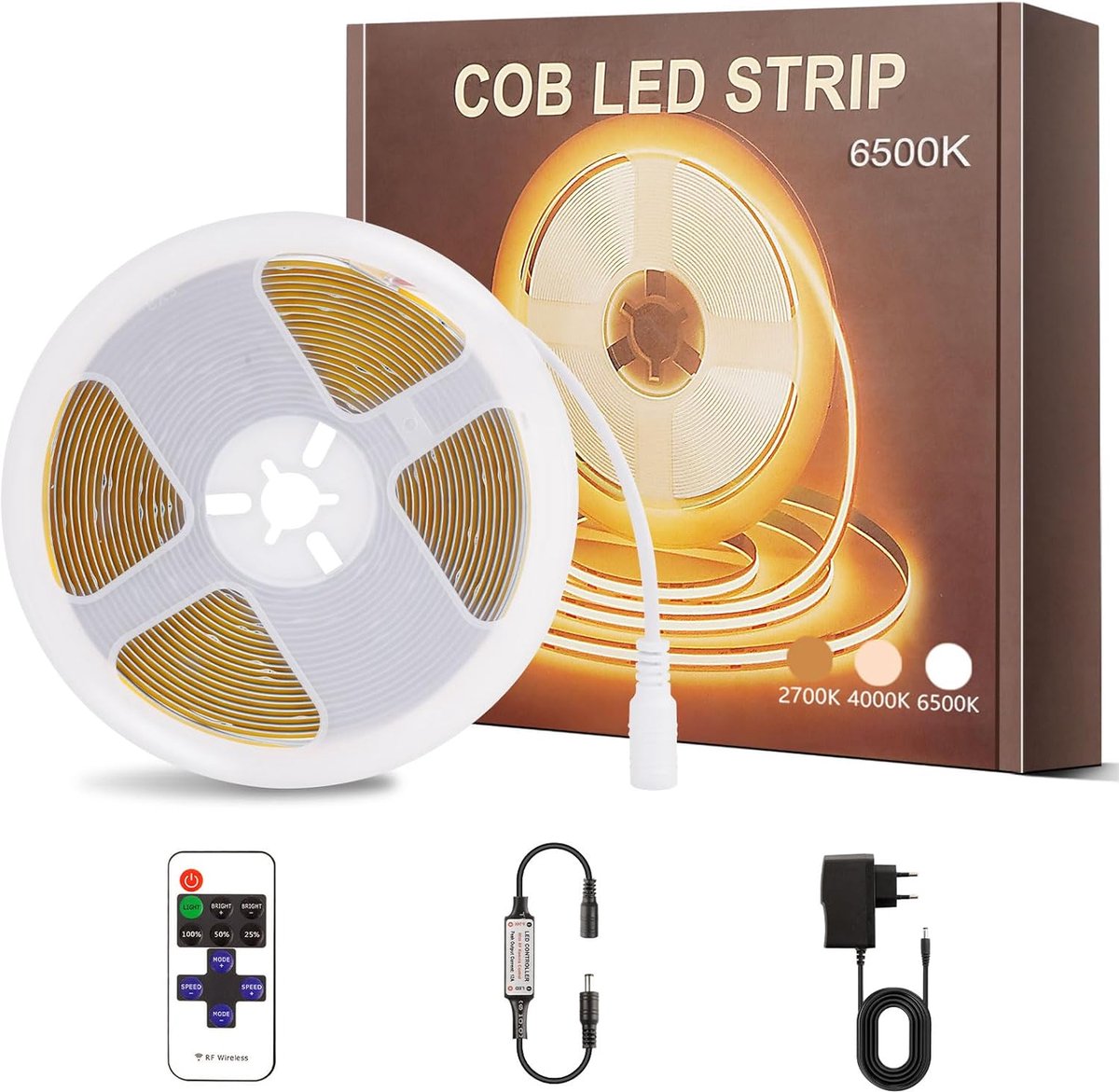 SnelShoppen - COB LED Strip 4M Wit 6500K, 24V Dimbare Flexibele LED Tape met Afstandsbediening, Zelfklevend voor Binnen en Buiten, Perfect voor Keuken