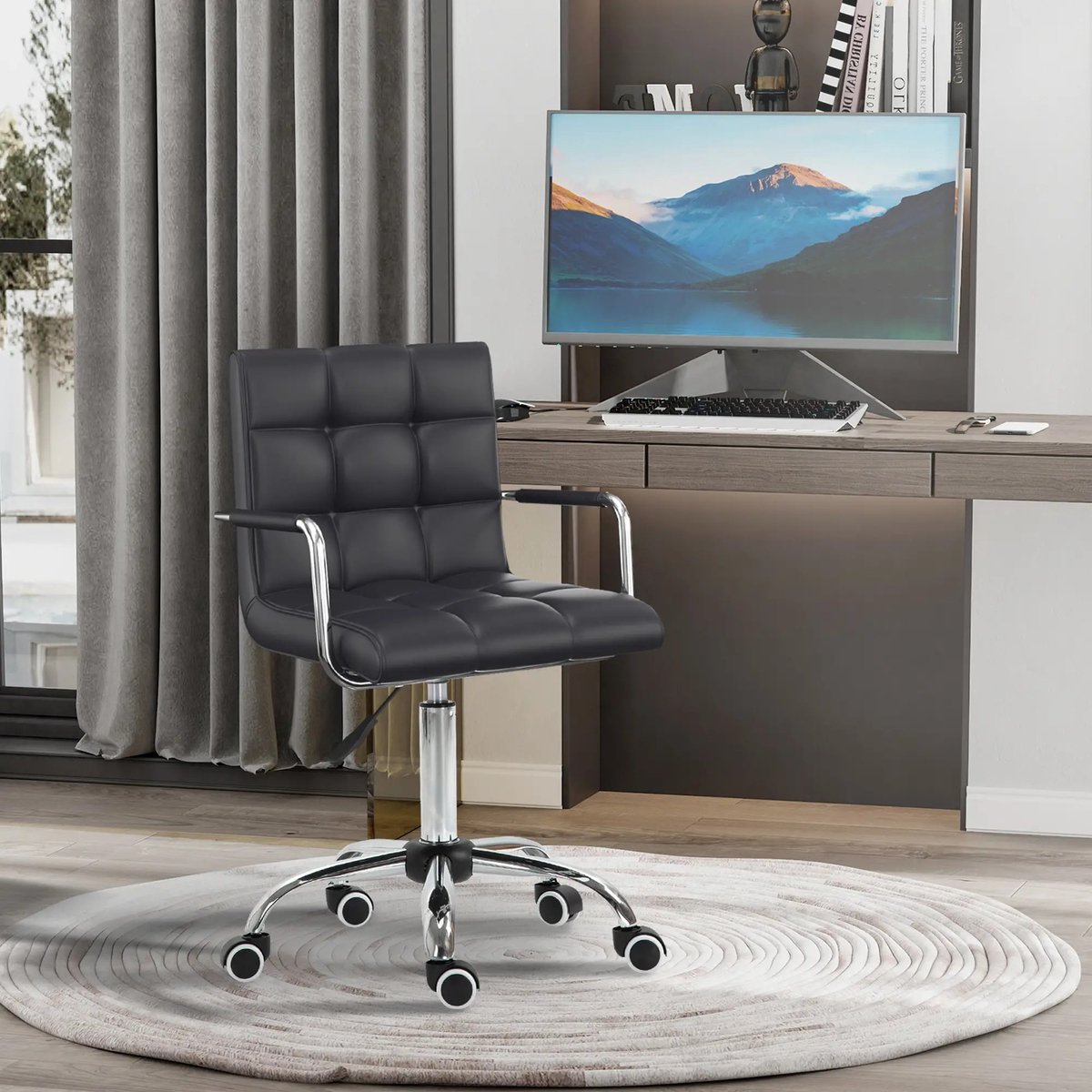 DESMIU Bureaustoel 52,5 x 54 x 84-99 cm - Ergonomisch Hoogteverstelbaar Met Vaste Armleuningen En Wielen - Voor Kantoor En Thuiswerkplek - Kunstleer Zwart