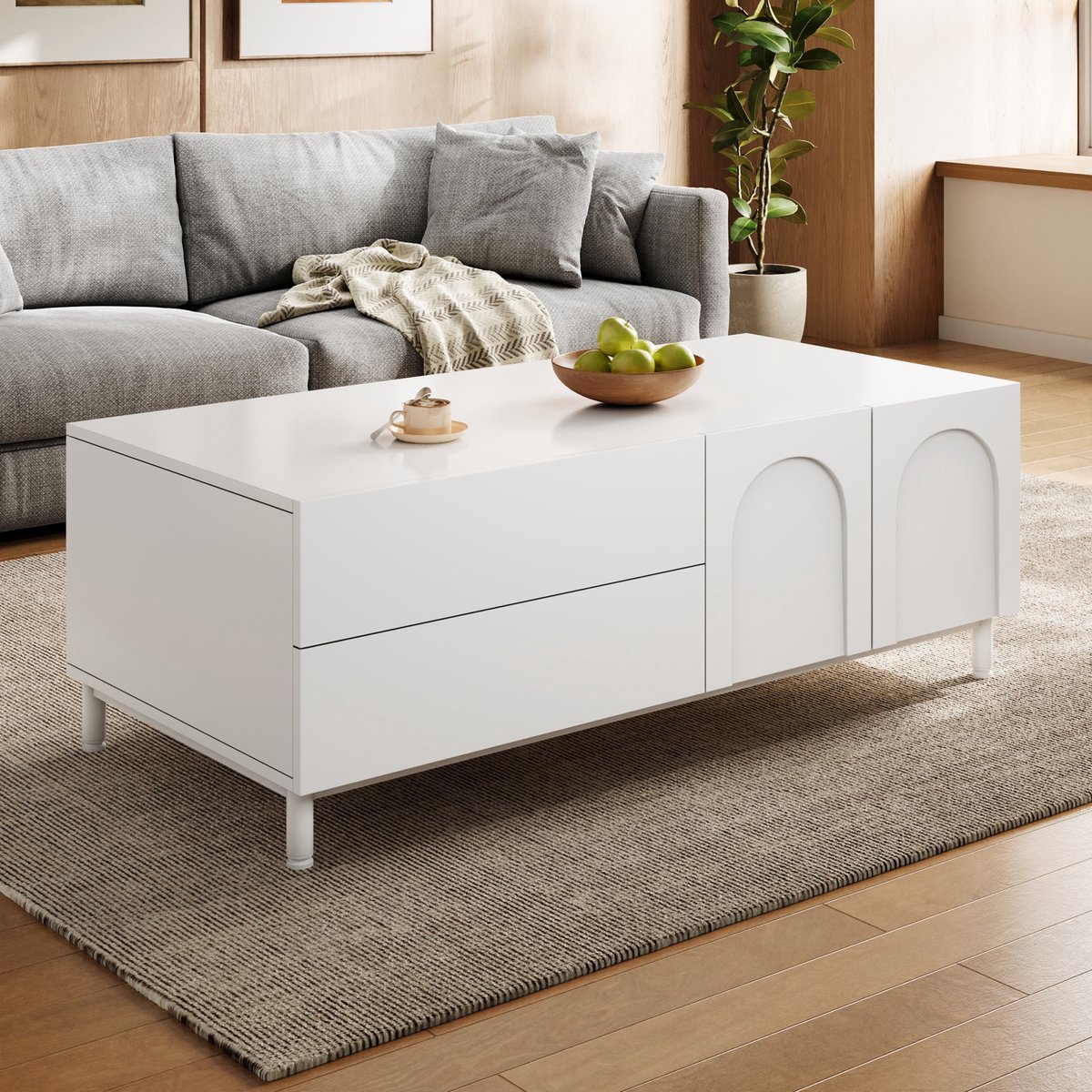 HAUSS SPOLE Salontafel - Rechthoekige Salontafel Met 2 Lades En 2 Deuren - Opbergruimte Voor Woonkamer - MDF En Spaanplaat - 100x50x39,5 Cm - Wit