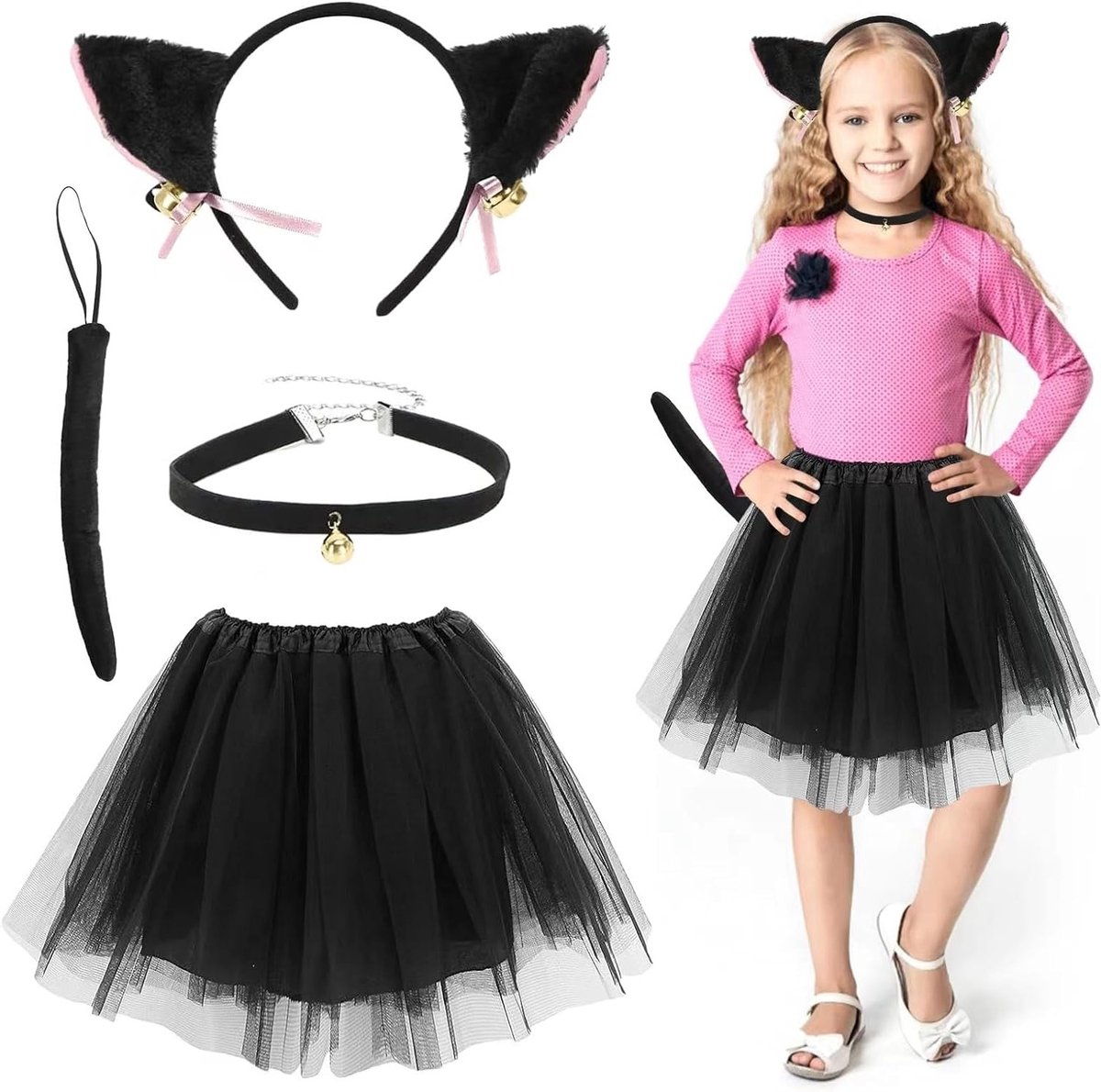 Meisjes Kattenkostuum Set van 4 Stukken met Zwarte Tutu en Kattenoren voor Feestjes en Cosplay Accessoires