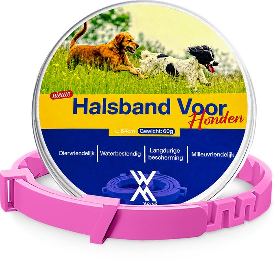 Een roze halsband voor honden in een blikje met honden die in het gras rennen. De tekst "Halsband Voor Honden" staat op het blikje.
