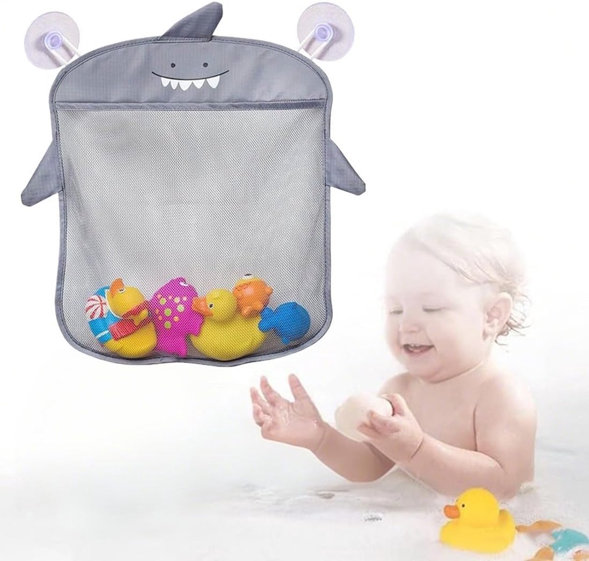 SnelShoppen - Bad speelgoed net met 2 zelfklevende haken, opbergzak voor baby speelgoed, hoogwaardig polyester, eenvoudig te installeren, badkameracce