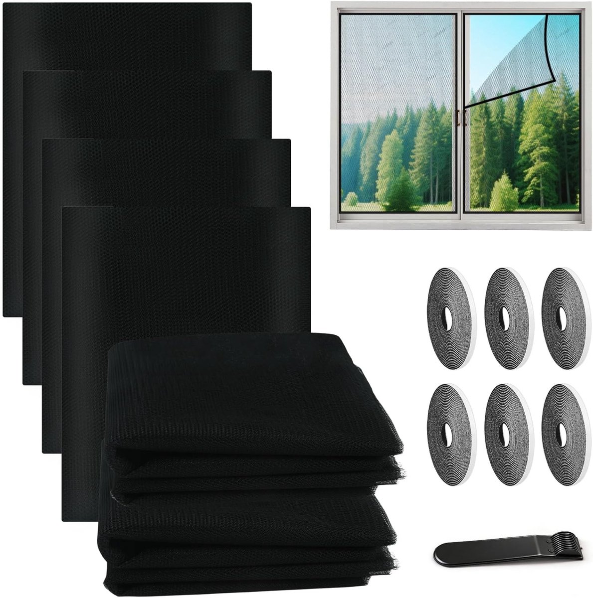 SnelShoppen - Vliegengaas voor Ramen, Insectenbescherming, Zelfklevend, 150 x 130 cm, 6 Stuks, Zwart, Voor Ramen en Deuren, Ideaal voor Thuis, Tuin en