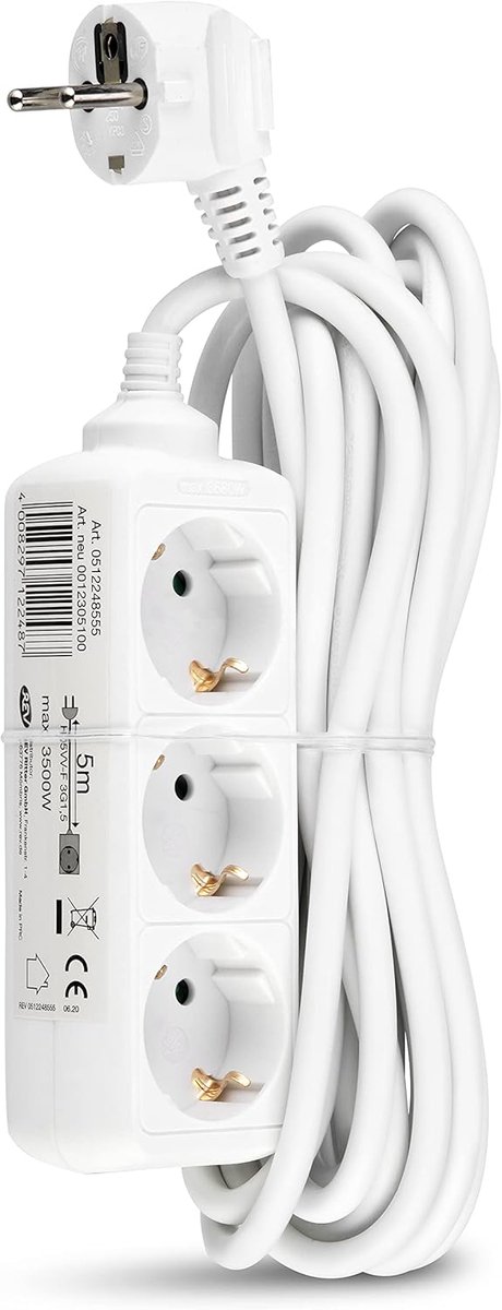 SnelShoppen - Stekkerdoos 3-fase 5 m Wit met Kindveiligheidsslot - Elektrische Powerstrip voor Binnengebruik - Ideaal voor Thuis, Kantoor en Meer