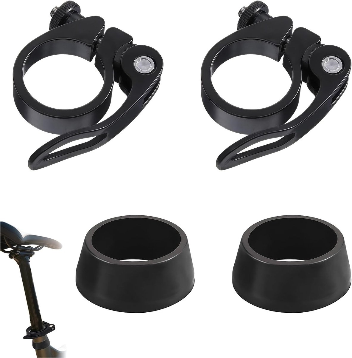 Set van 2 Snelle Ontgrendelings Zadelklemmen 31.8mm met 2 Stofkappen voor Lichtgewicht Fietszadelklem, Geschikt voor 27.2 tot 28.6mm Zadelpennen, Ideaal voor MTB, Racefietsen en Stadsfietsen