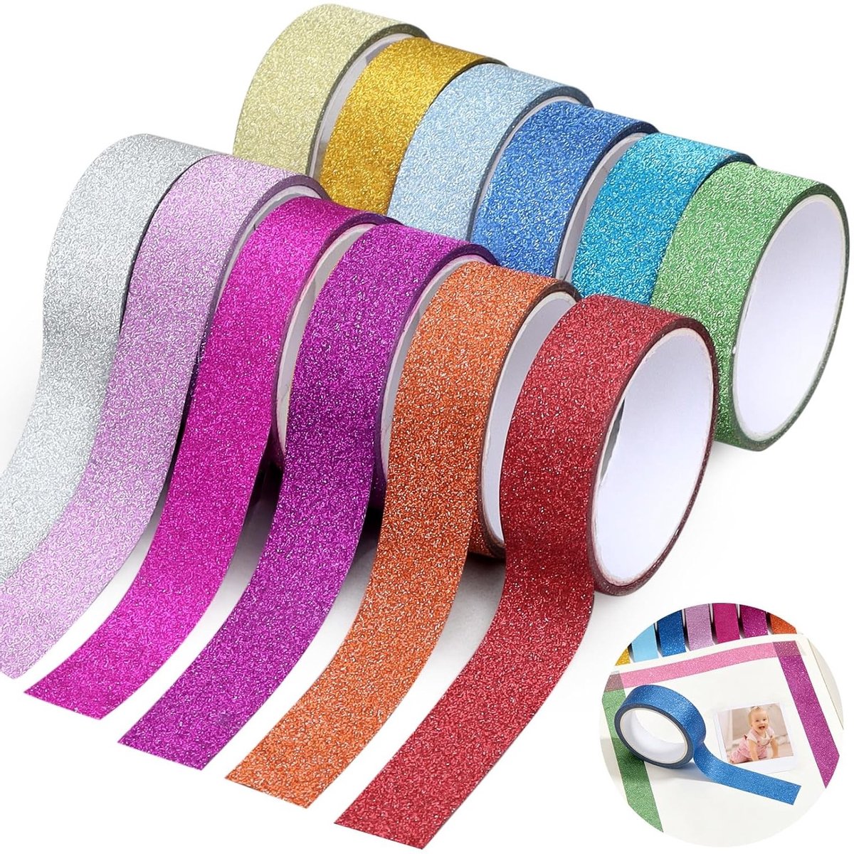 Set van 12 glitter washi tape rollen, 15mm x 3m, kleurrijke decoratieve tape voor scrapbooking, bullet journaling en DIY knutselen, ideaal voor planners en kaarten