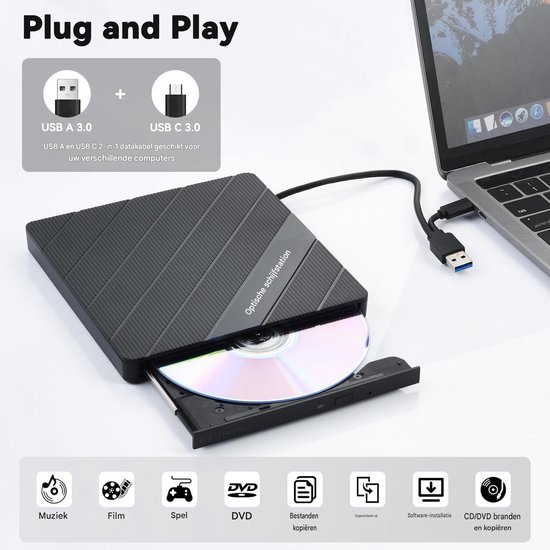 QTTVBTNA -Externe DVD Speler - DVD Brander - 7-in-1 DVD Speler - USB-aangedreven, plug-and-play - 8x DVD, 24x CD lees/schrijfsnelheid - Type-C kabel - Compatibel met Windows en Mac OS - Ultra-dun en draagbaar - Voor films, branden en back-ups van qttvbtna — afbeelding 3