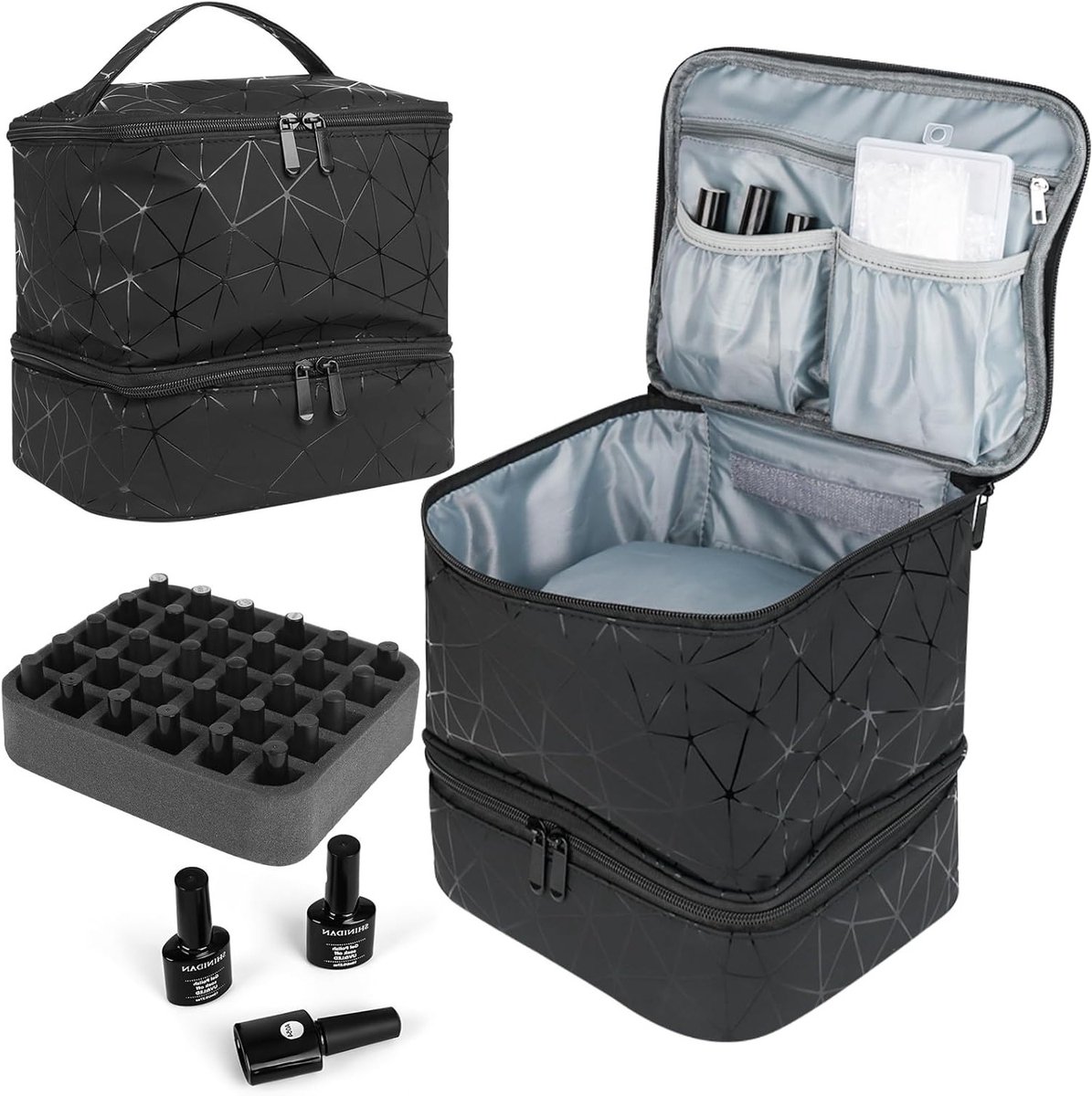 Dubbele Laag Nagellak Organizer en Opbergdoos voor 30 Flessen en Nagellamp - Roze en Zwart, Perfect voor Nagelstyling
