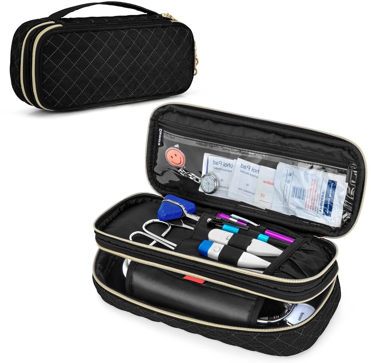 Dubbele Laags Stethoscoop Tas voor 3M Littmann, ADC en Omron - Ideale Verzorgingstas voor Verpleegkundigen, Zwart