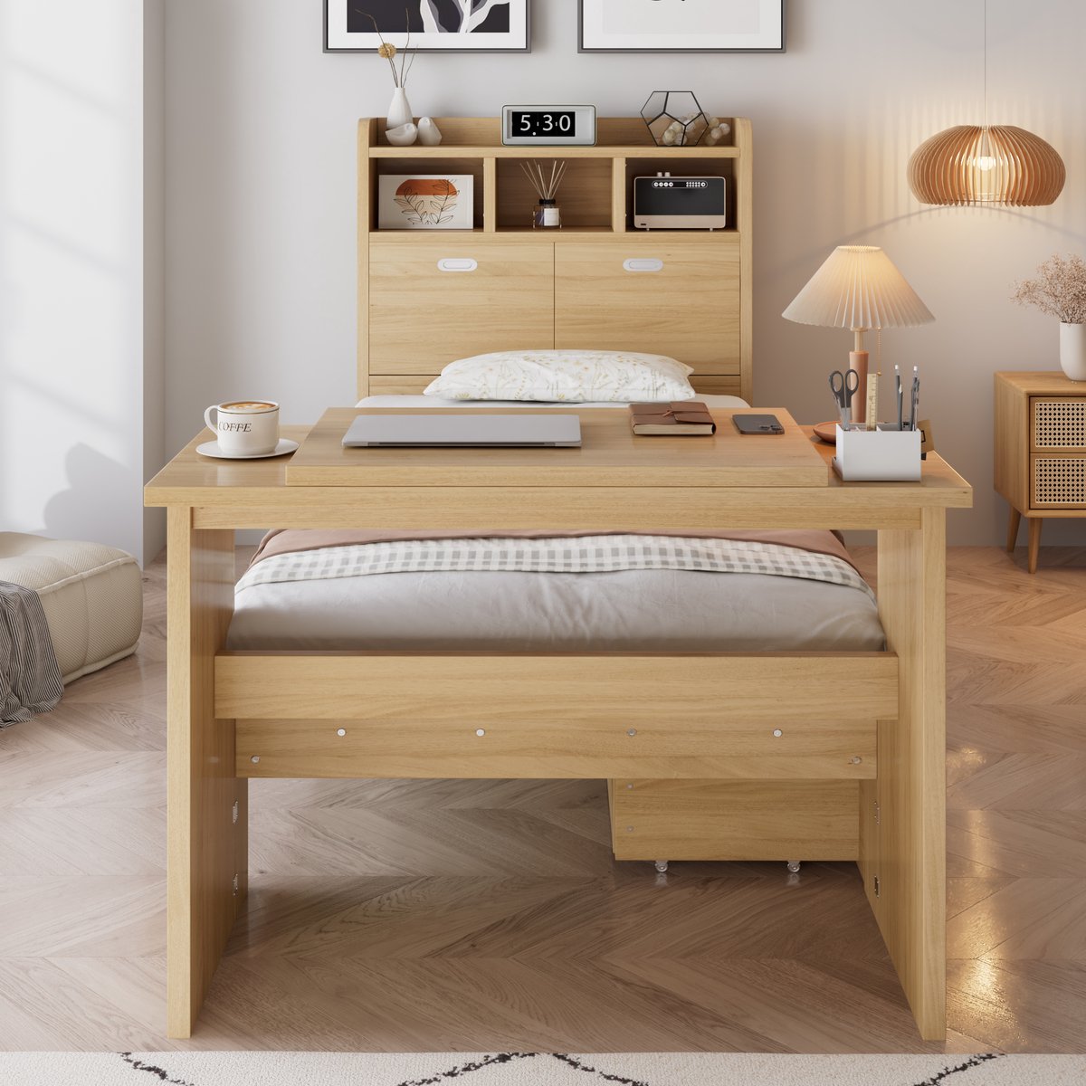Kinderbed 90x200 cm - Eenpersoonsbed Met Opbergruimte, Hoofdbordplank, Lade En Verstelbare Klaptafel - Zonder Matras - Hout - Naturel