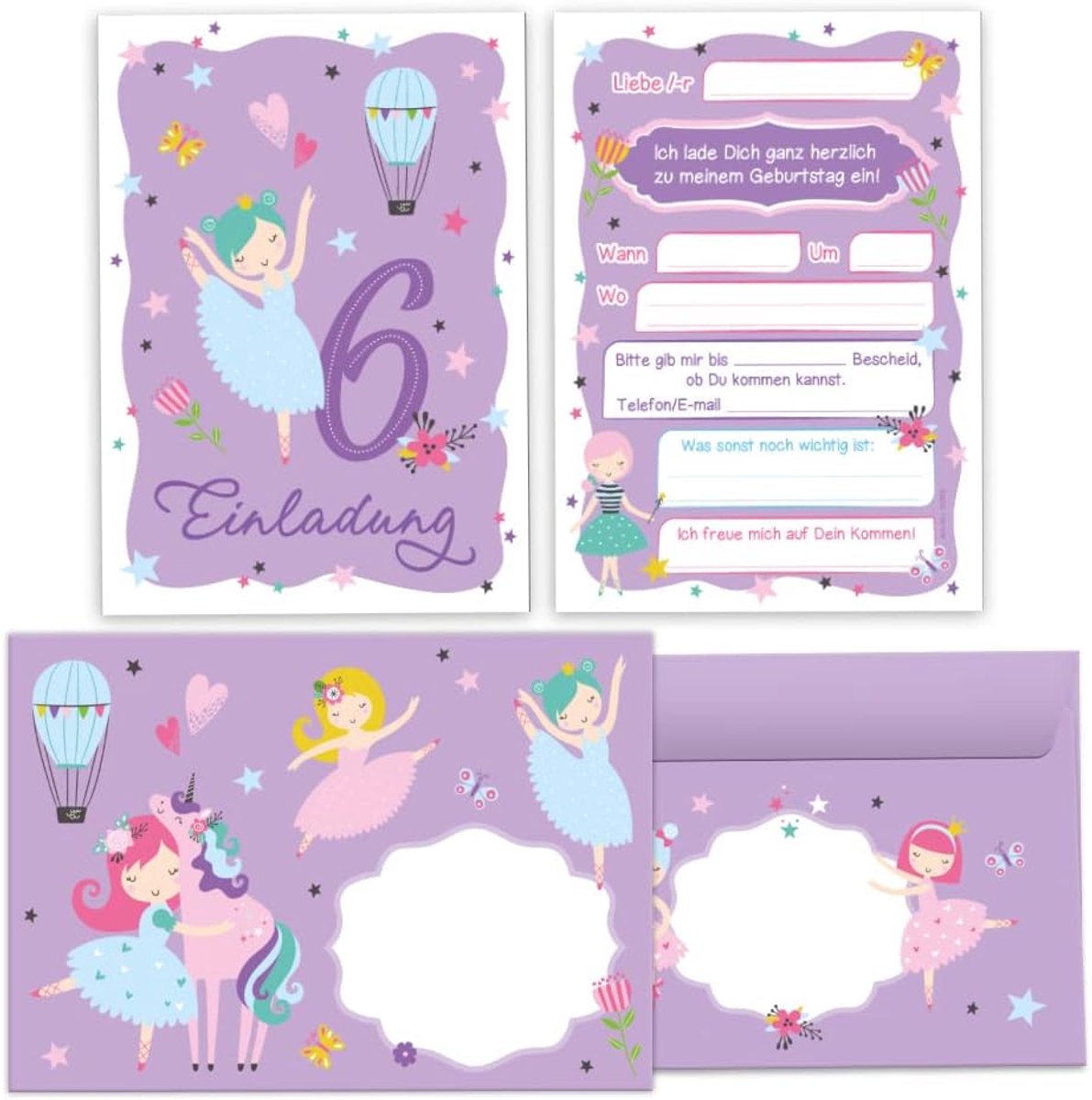SnelShoppen - 12 Uitnodigingskaarten Ballerina met 12 Enveloppen voor 6e Verjaardag Meisje - Kinderfeestje, 10.5x14.8cm, Voorgedrukte Informatie, Zelf
