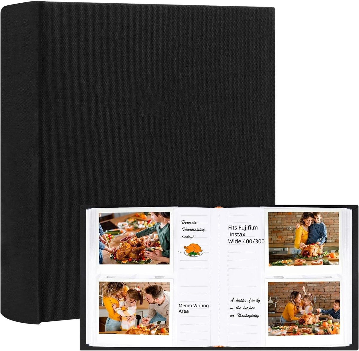 SnelShoppen - 120 Pockets Fotoalbum met Memo Ruimte voor Instax Wide & Polaroid Camera's - Linnen Cover - Zwart - Ideaal voor Feesten, Herinneringen e