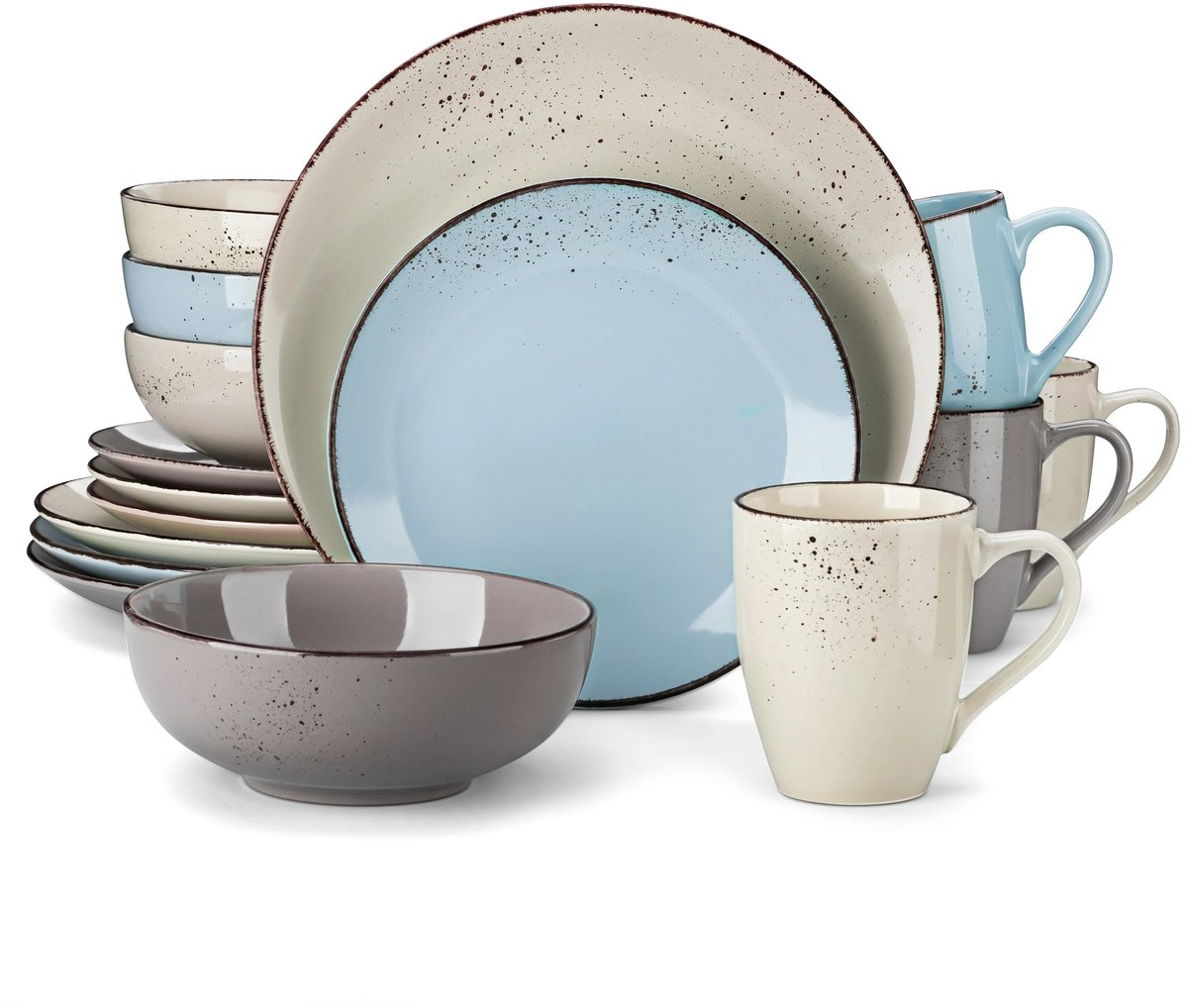 Jurrys servies set - Borden set - Mokken - Kommen - Dessertborden - Keramisch - Steengoed - 16 delig - 4 personen - Blauw Beige Grijs