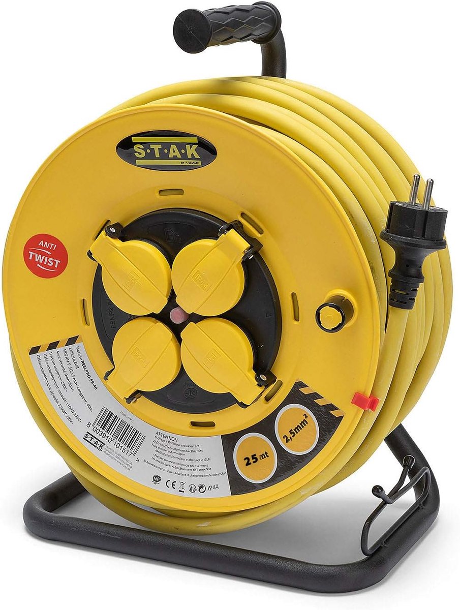 SnelShoppen - Professionele Kabelhaspel IP44 25m Rubber Kabel 4 Stopcontacten Waterdicht voor Tuin, Bouw, Klussen - Stalen Frame Geel