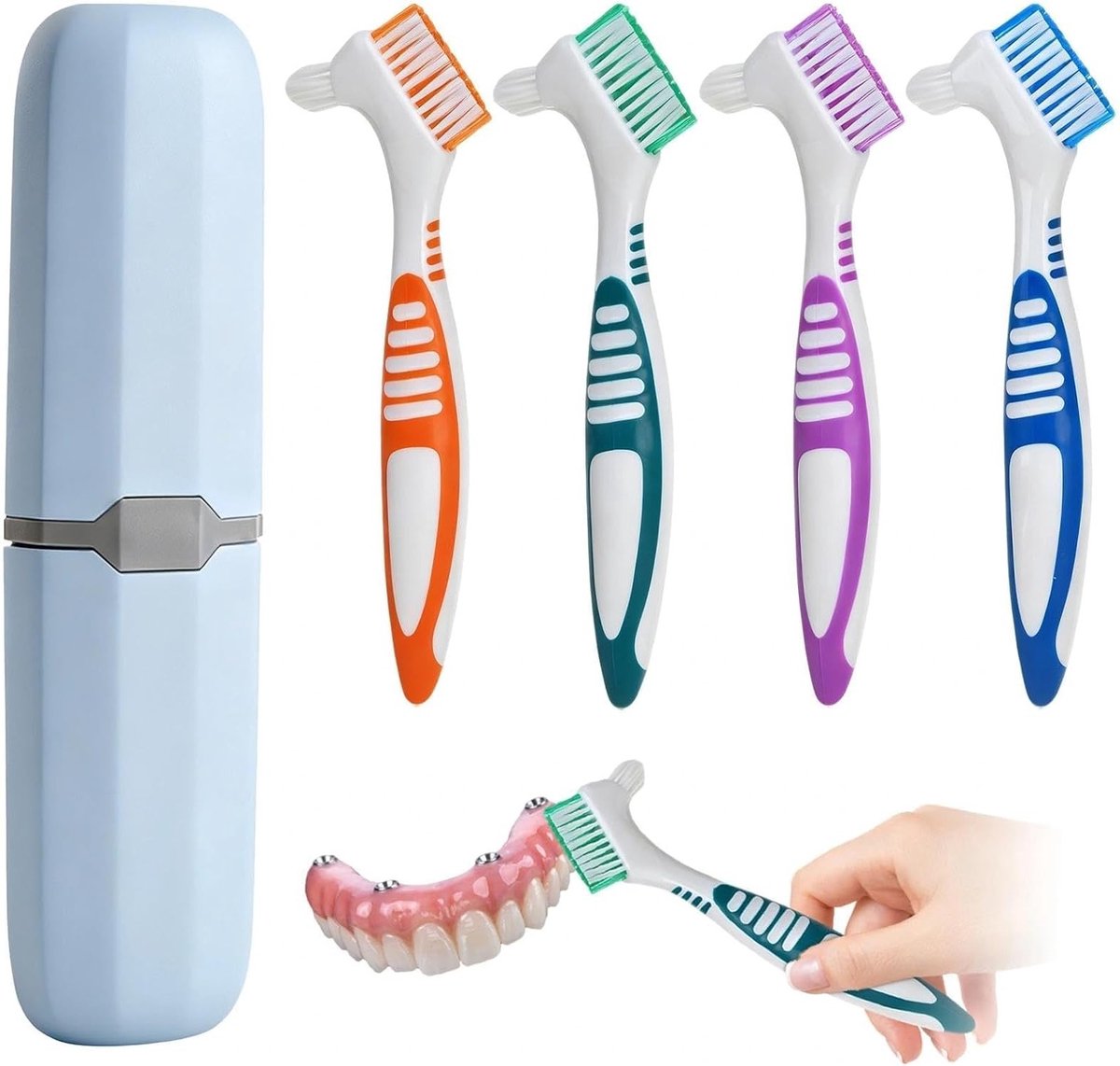 Draagbare prothesetandenborstels met tandenborsteldoos, ideaal voor prothesenverzorging en mondhygiëne, set van 4 stuks (meerkleurig)