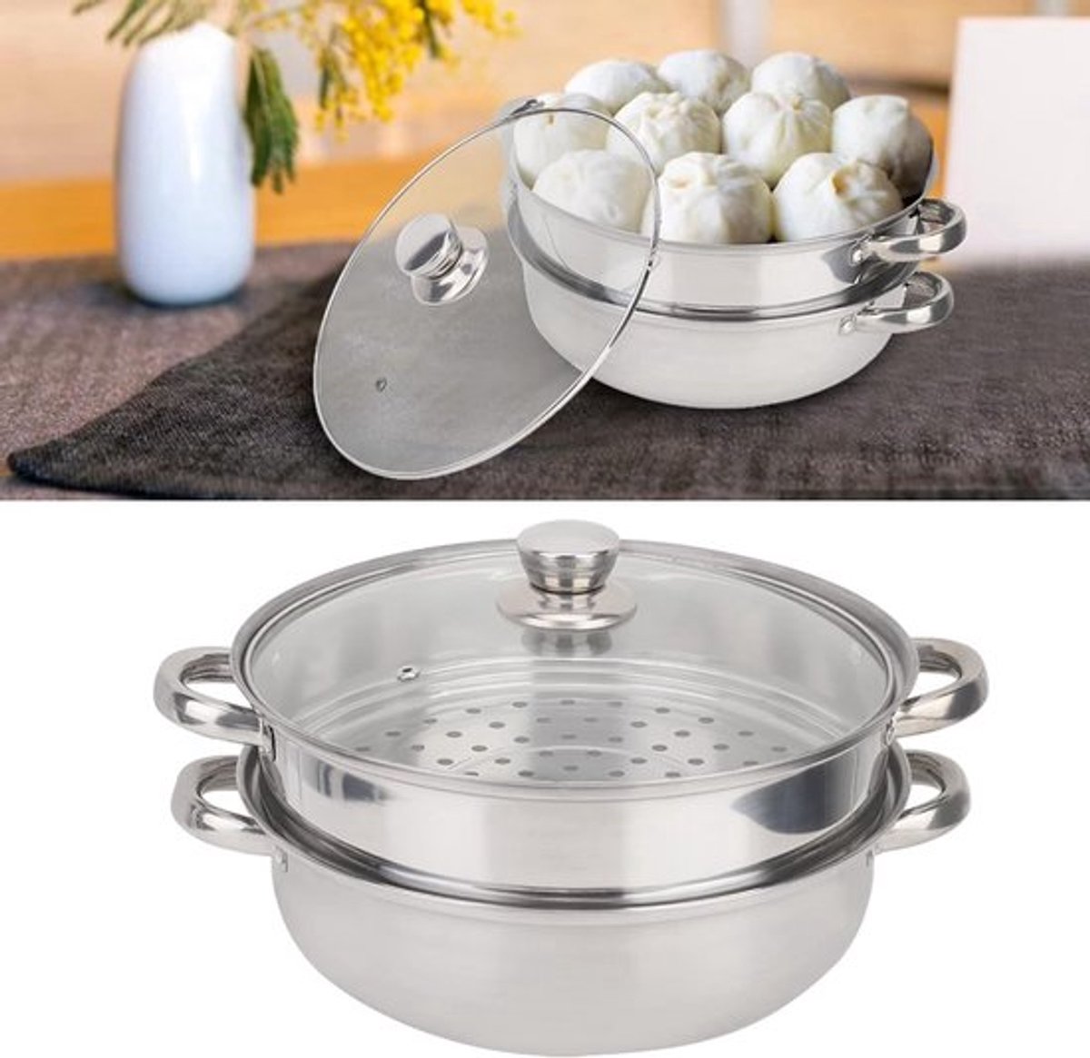 Kookpan met Stoomfunctie 27 cm - Dubbele Boiler voor Soepen en Stomen op Gas, Elektrisch o