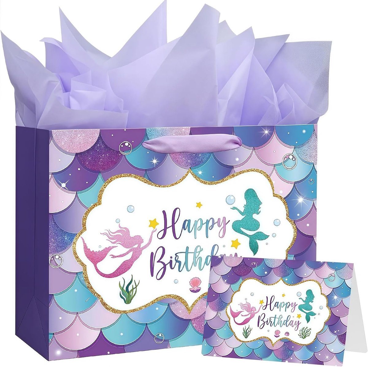 SnelShoppen - Grote Cadeau Tas 33cm x 12cm x 26cm, Luxe Zeemeermin Cadeau Tas met Groetenkaart en Tissue Papier, Feesttassen voor Cadeaus, Verjaardag