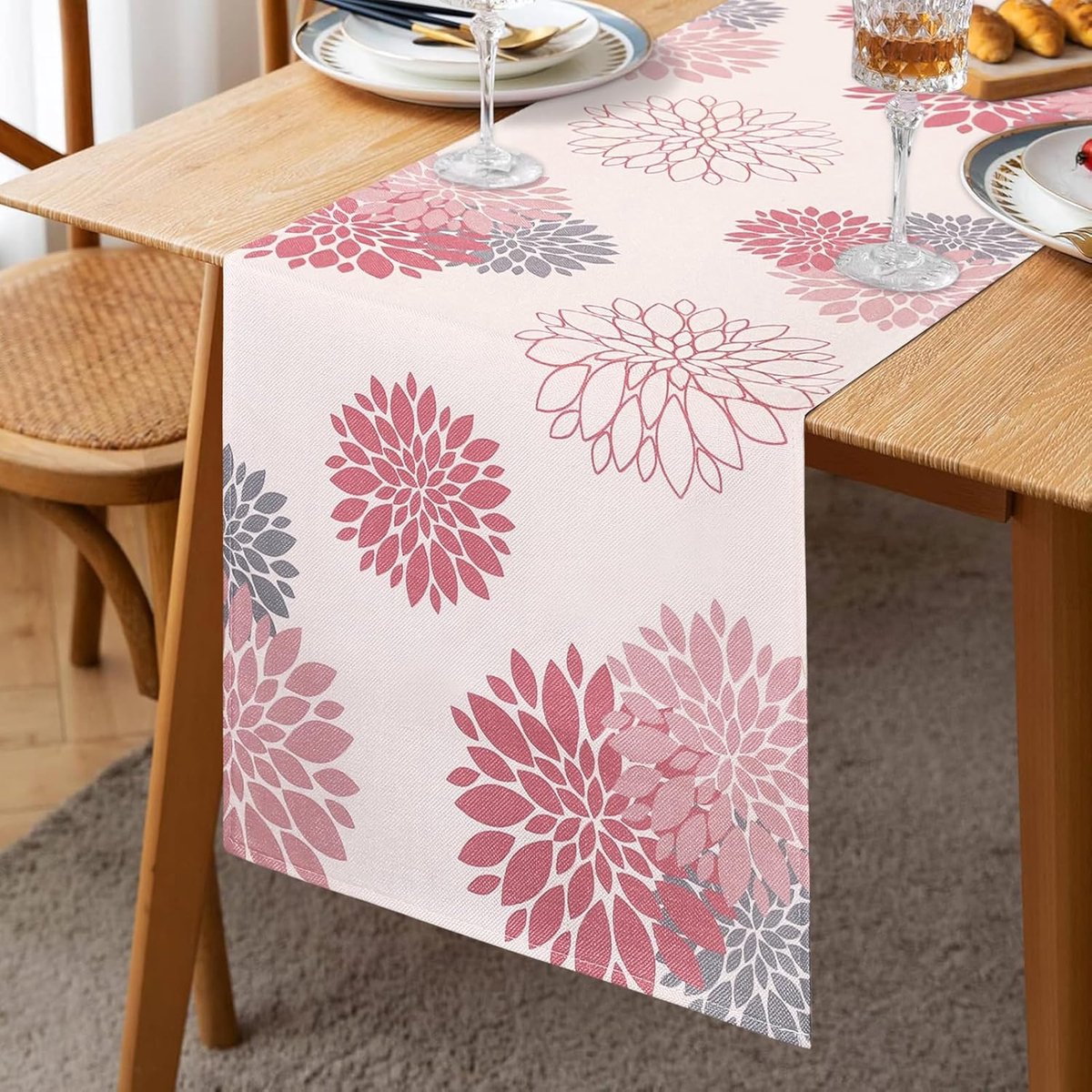 SnelShoppen - Tafelrunner Bloem Dahlia 40x140 cm - Modern Beige Roze Grijs - Linnen Geometrisch Tafeldecoratie voor Woonkamer Eetkamer - Perfect voor