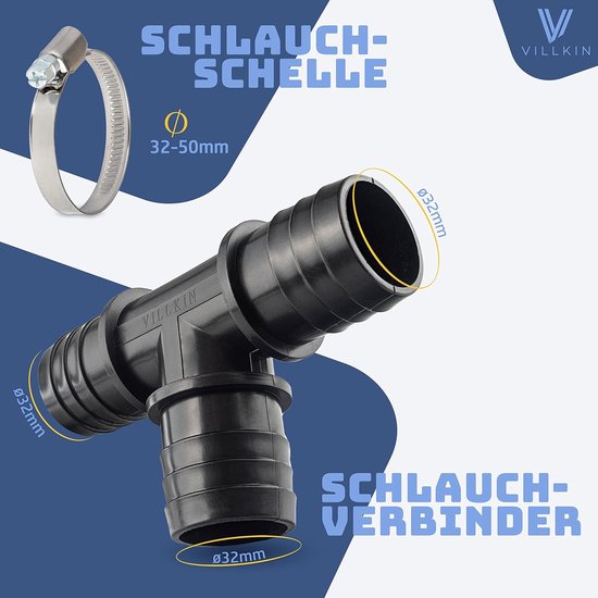 SnelShoppen - T-stuk slangverbinder 32 mm - Complete set met 3 slangklemmen - Zwart - Perfect voor zwembadslangen - Eenvoudige installatie — afbeelding 3