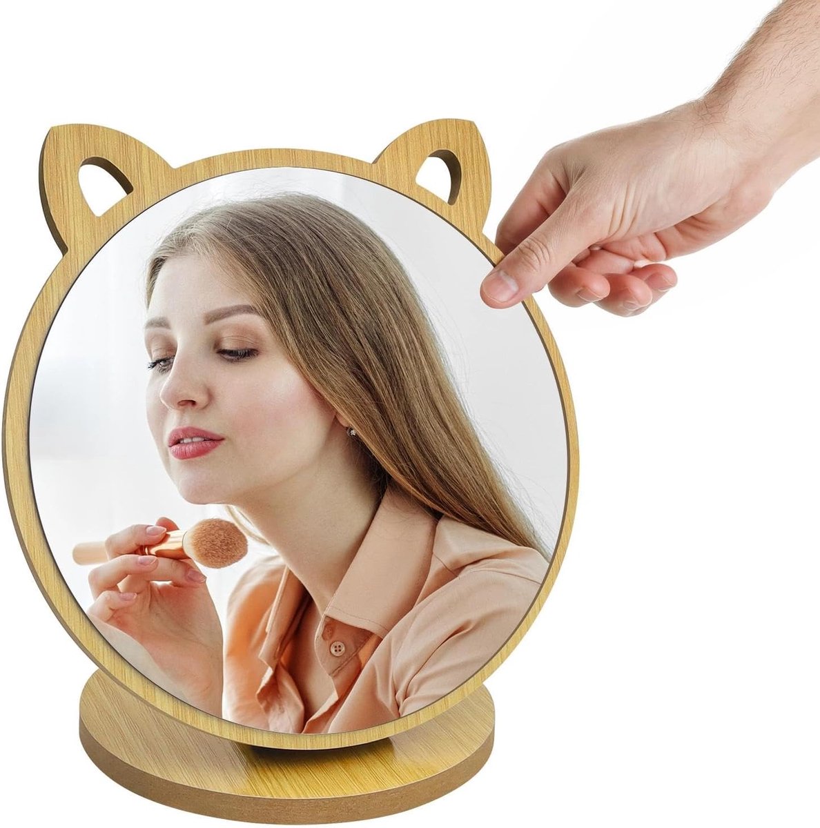 SnelShoppen - Verstelbare Hoge Resolutie Staande Make-up Spiegel - Kleine Kat- of Vorm Spiegel met Houten Basis voor Slaapkamer, Woonkamer, Studentenh